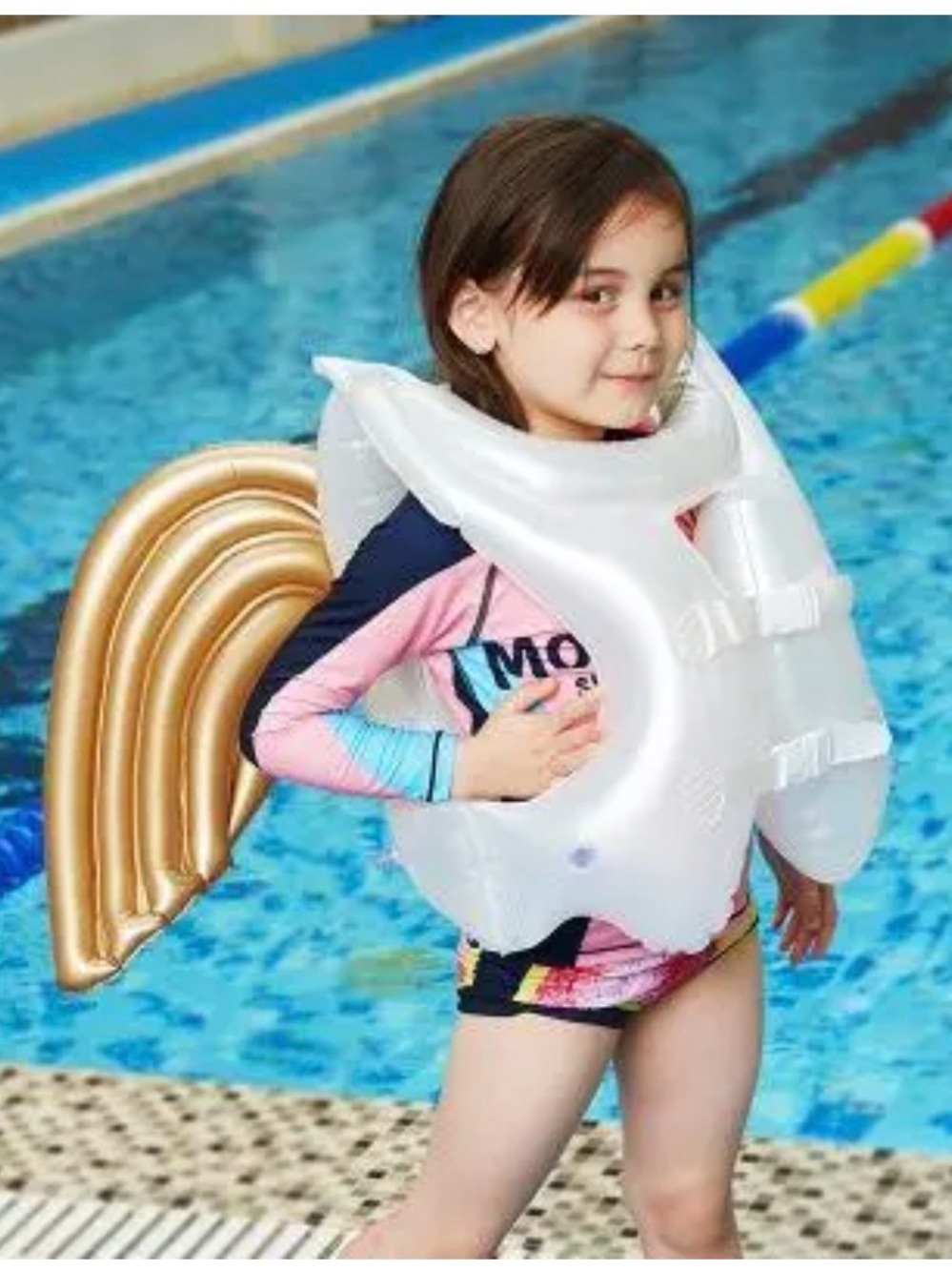 Kids White Inflatable Swim Vest with Gold Wings